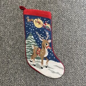 Vintage Needlepoint Christmas Reindeer Rudolph Stocking Wool Velvet Back